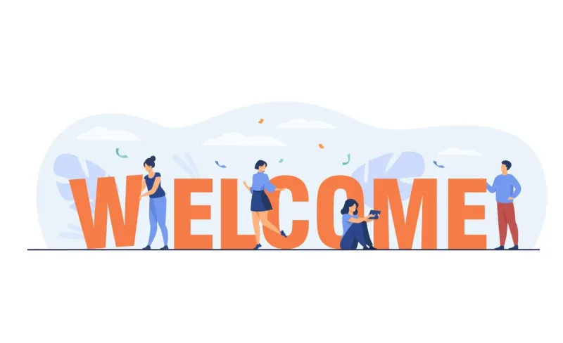 Happy tiny people near huge welcome word flat vector illustration. Cartoon office team members celebrating and greeting together. Graphic design for poster and celebration concept