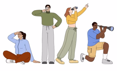 Flat business persons searching new work opportunities or business ideas. Employees looking into the future through binoculars, magnifying glass and spyglass. People team explore new horizons.
